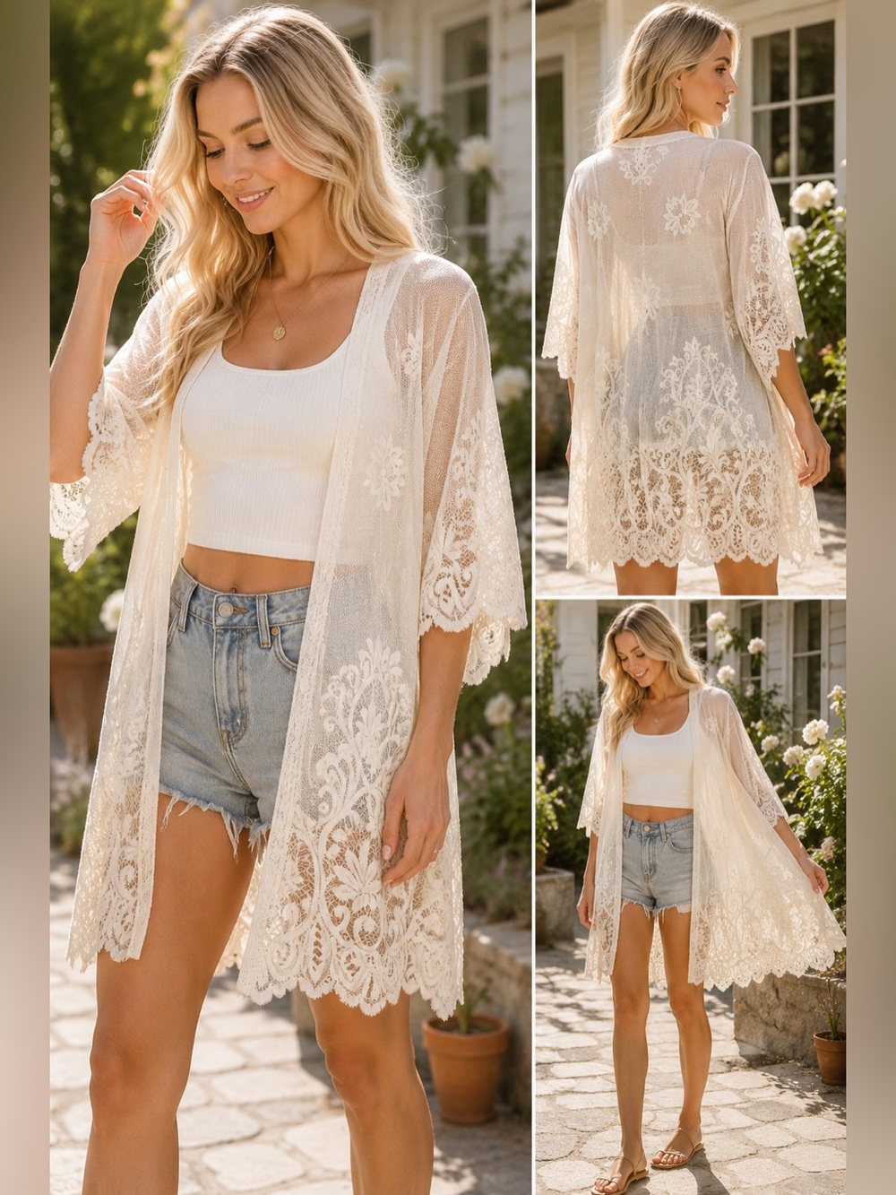 NWT! LUQ Pristine Ivory Lace Kimono Cardigan  Boho Bridal Cover Up 25466